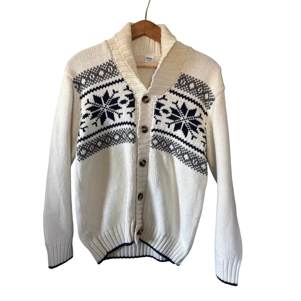 Gymboree Boys Large 10-12 Shawl Collar Cardigan Sweater Fair‎ Isle Snowflake